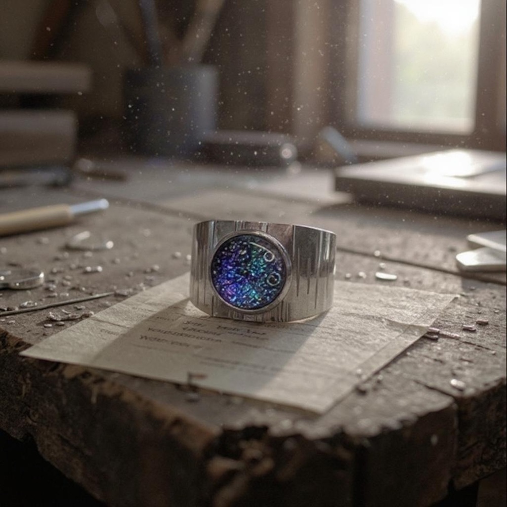 Sterling Silver Adjustable Ring with Purple Blue Dichroic Glass Centerpiece